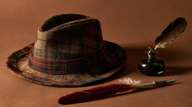 Vintage brown plaid fedora hat with red stripe and antique ink pot with feather quill pens on warm brown background with soft shadow