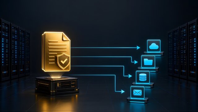 Secure digital document distribution flowing from golden master file to cloud folder server and email inbox representing enterprise information sharing