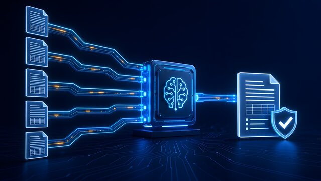 Artificial intelligence document analysis processing multiple raw files into single verified report representing automated compliance workflow