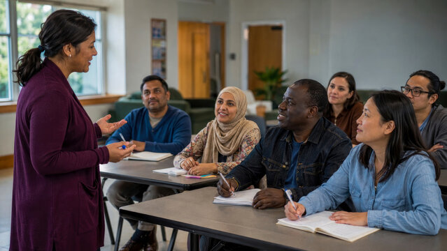 Diverse adult students from various backgrounds intently listen and take notes during engaging lecture given by their female instructor in bright classroom setting.