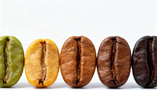 Coffee beans in various stages of roasting green, yellow, cinnamon, medium, and dark roast beans