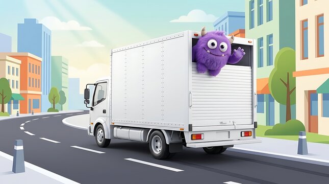 Purple monster waving from the back of a white delivery truck on a city street, digital 3d illustration.