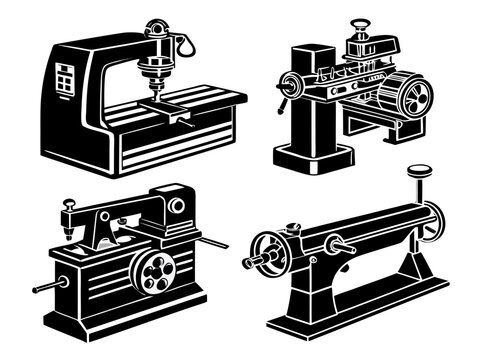 Four black machinery illustrations including a precision lathe machine, industrial drill press, metal cutting machine, and mechanical vise. White background, highly recognizable shapes, evenly arrange