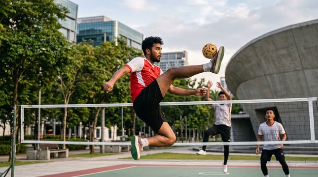 Athletic man performs acrobatic kick in Sepak Takraw game outdoors with modern buildings in background