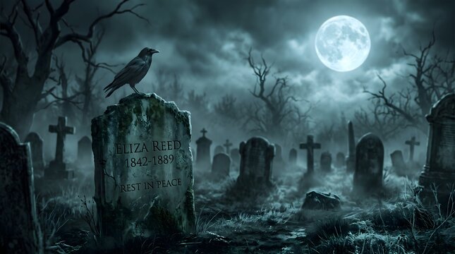 A spooky graveyard scene at night with a black raven perched on a tombstone under a full moon