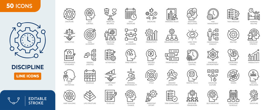 discipline line editable icon set. Containing, discipline, commitment, rule, order, habit, goal, management, motivation, and more. editable stroke. Vector illustration.