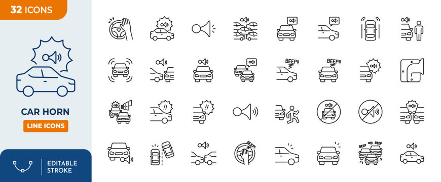 Car horn line editable icon set. Containing honking,  traffic, alert, notification, and more. editable stroke. Vector illustration.