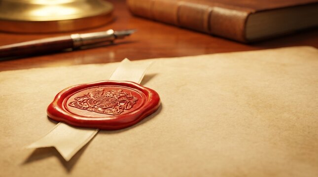 Antique Red Wax Seal on Vintage Parchment Paper with Fountain Pen