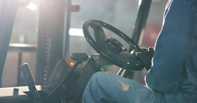 Forklift, hands and shipping with man in warehouse for manufacturing, cargo or logistics. Delivery, stock transport and workshop with person in factory as driver for distribution and supply chain