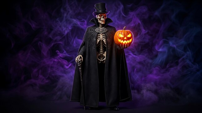 Elegant skeleton magician wearing black cape with spider web collar holding glowing carved pumpkin against swirling purple smoke background.