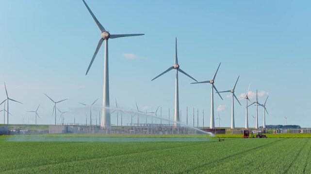 Aerial drone view of agricultural field with crop rows and irrigation system. Wind turbines generating green energy on background of farmland.