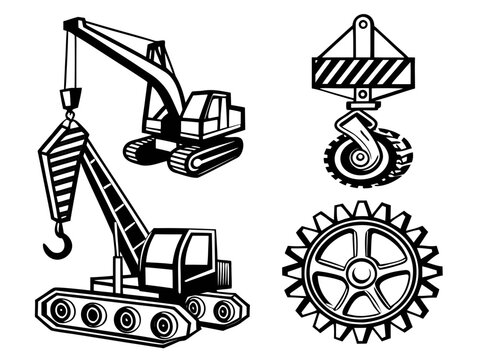Four black vector designs featuring a forklift mechanism, excavator hydraulic arm, crane hook assembly, and industrial wheel system. White background, strong bold outlines, clear visual separation