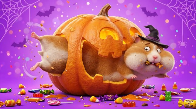 Funny hamster wearing witch hat stuck inside carved jack o lantern pumpkin surrounded by colorful halloween candy on bright purple backdrop.