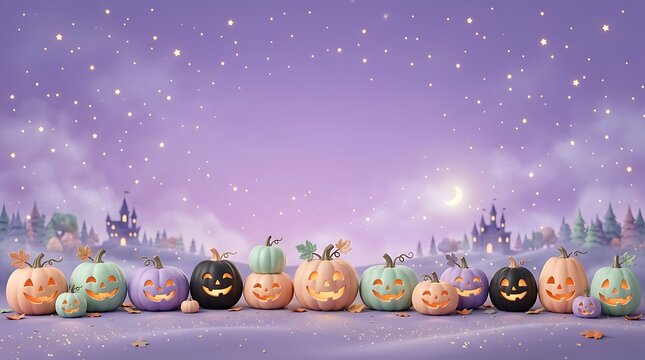 Halloween background with cute jack o lanterns pumpkins and starry purple sky featuring miniature spooky castles and fall leaves on ground.