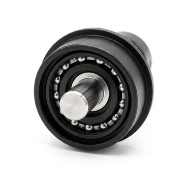 Macro of a Cornelius keg ball lock disconnect mechanism. Machined stainless steel pin in a black plastic collar with locking ball bearings. Isolated on white.