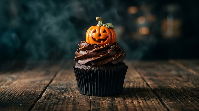 Chocolate halloween cupcake with dark swirl frosting and jack o lantern pumpkin topper on rustic wooden surface with smoky dark background.