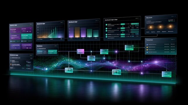 Display of data charts and analytics in a digital format showing trends, statistics, and blockchain information in a modern setting