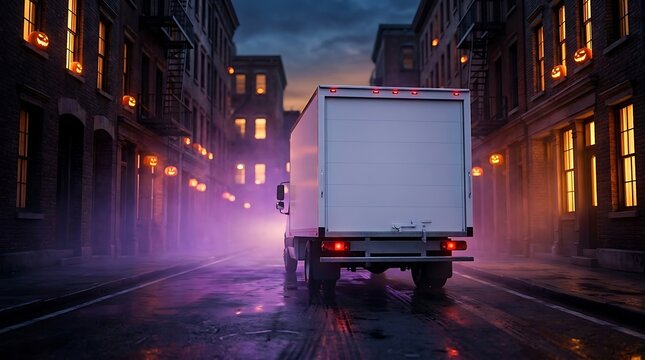 Blank white cargo box truck mockup on foggy night street with halloween jack o lanterns for delivery branding.