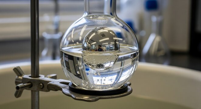 Clear glass laboratory separatory funnel suspended over sink in sterile lab environment