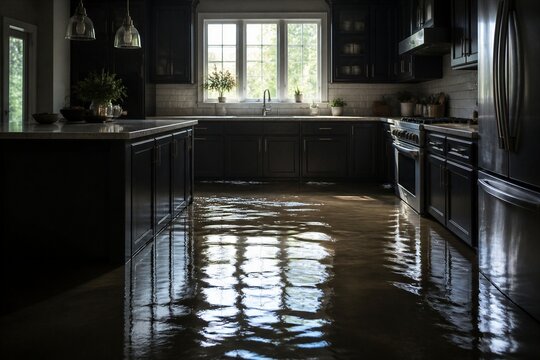 Kitchen cabinets reflected in standing floodwater inside home