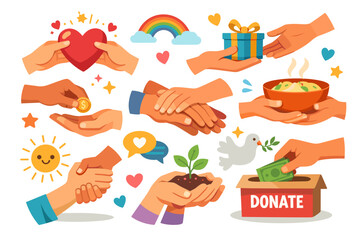 Fototapeta premium Collection of Hands Engaged in Acts of Kindness and Generosity with Colorful Symbols