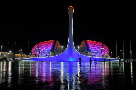 Bowl of the olympic flame Firebird in Sochi at night, Russia