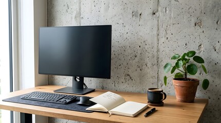 Fototapeta premium Minimalist home office workspace with computer monitor and potted plant