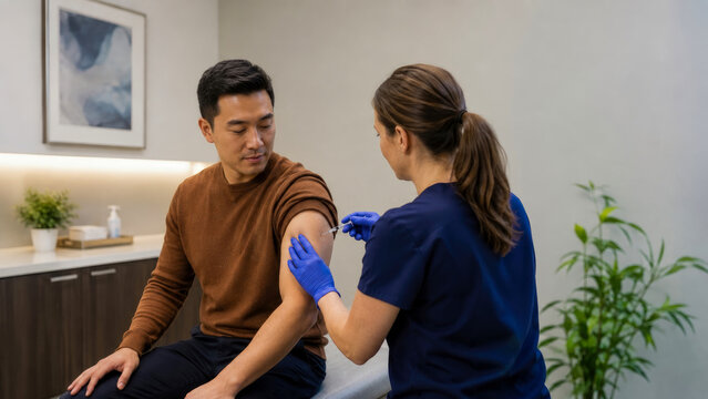 Professional female nurse wearing blue scrubs administers vaccine injection to arm of calm Asian male patient in modern, clean, and clinical medical office setting