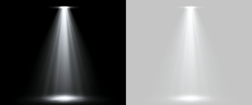 Bright white stage spotlight beam with oval overhead light ring. Studio lighting overlay on transparent background