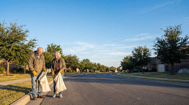 Senior couple collecting litter with reusable bags along quiet suburban street, authentic active aging concept showing independence confidence value value value value value value value