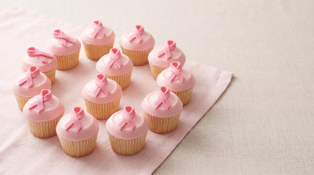 Pink cupcakes decorated with awareness ribbons, breast cancer support campaign, fundraising event, survivor solidarity, health advocacy, copy space, suitable for editorial themes, marketing