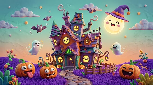 Cheerful cartoon haunted house in vibrant landscape with smiling pumpkins flying ghosts cute bats and glowing moon with witch hat top view.