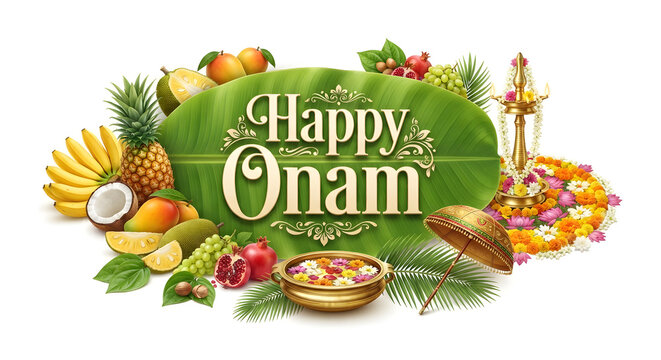 Happy onam typography logo concept on background.