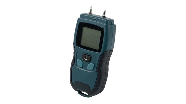 A device is shown with a display screen and two metal probes used for measuring soil moisture levels. This tool is often used in gardens and farms to check soil conditions