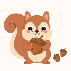 Cute squirrel holding acorn flat vector illustration © Ilham