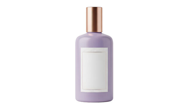 Purple perfume bottle with a rose gold cap and blank label isolated on transparent background