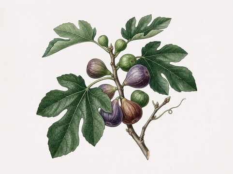 Detailed botanical watercolor illustration featuring ripe figs and green leaves in vintage botanical style.