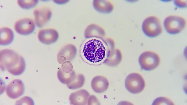 Neutrophil white cell under microscope: human smear analysis 4K Ai HD high quality video.