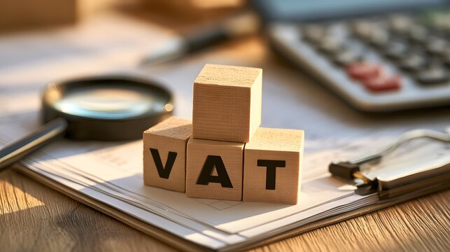 tax season concept featuring VAT blocks financial paperwork calculator pen and magnifying glass representing accounting compliance and business regulations realistic office photography