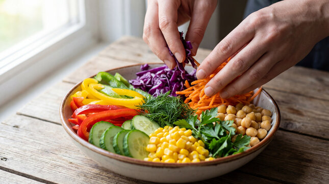 Hands arranging colorful vegetables chickpeas herbs in fresh salad bowl representing healthy eating plant based nutrition meal preparation balanced diet with clear visual storytelling