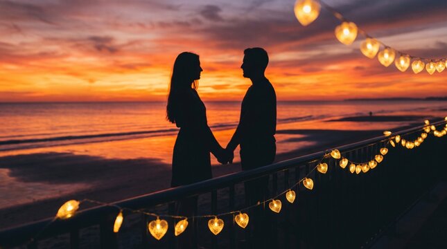 Couple holding hands at sunset with glowing heart lights along railing