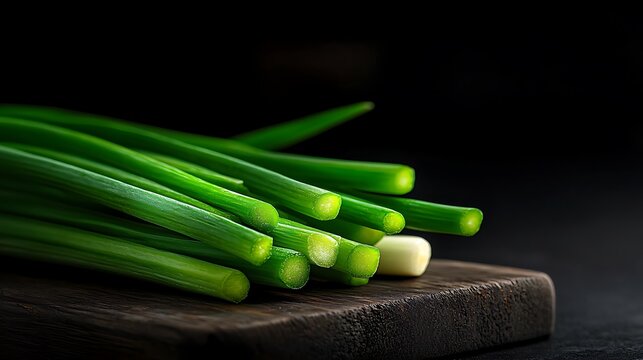 Fresh green scallions on a wooden board