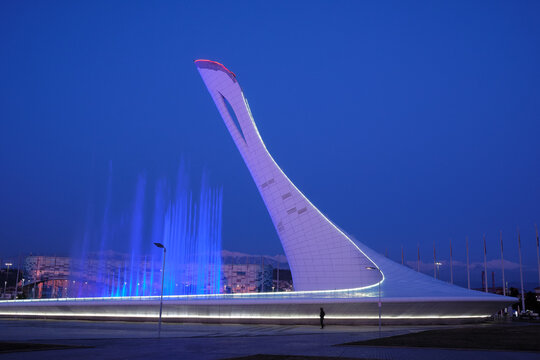 Singing musical fountains with the Oympic cauldron representing Firebird. Sochi. Russia