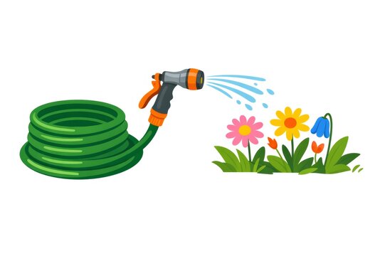 Coiled green garden hose with an orange accented spray nozzle watering a vibrant patch of blooming flowers, representing gardening, plant care, and spring growth