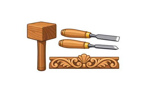 Woodworking carving tools, including a wooden mallet and two chisels, standing beside a section of a richly detailed and hand carved wooden ornament, representing traditional craftsmanship