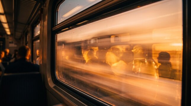 Golden hour sunset view through a moving commuter train window