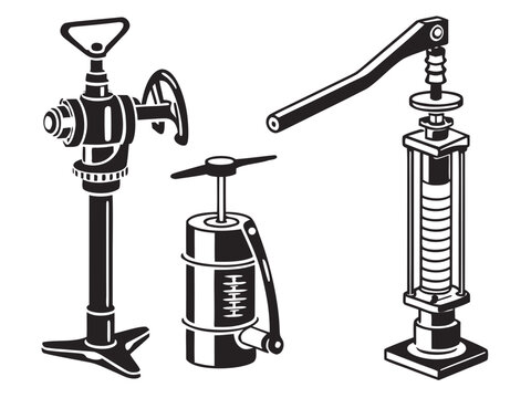 Four unique black designs featuring a hydraulic cylinder, pressure pump, control valve, and industrial piston mechanism. Clean white background, highly detailed but easy-to-understand shapes, each com