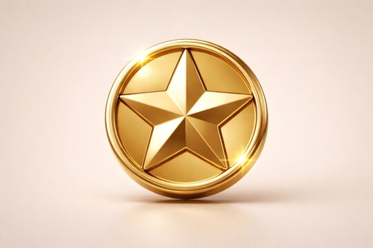 Golden metallic star emblem shining on a circular badge, symbolizing premium quality, top rating, success, and reward for outstanding performance on a light background