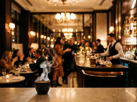 Elegant restaurant bar interior with warm atmospheric lighting.