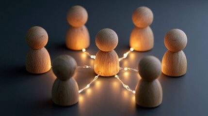 Obraz premium Wooden Peg Figures Connected Wire Lights Network Team Concept Business Connection Organization